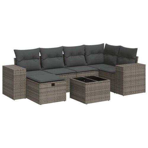 7-Piece Garden Sofa Set with Cushions Grey Poly Rattan - Image 13