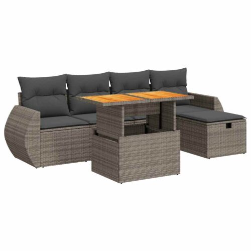 6-Piece Garden Sofa Set with Cushions Grey Poly Rattan Acacia