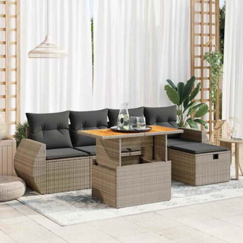 6-Piece Garden Sofa Set with Cushions Grey Poly Rattan Acacia - Image 2