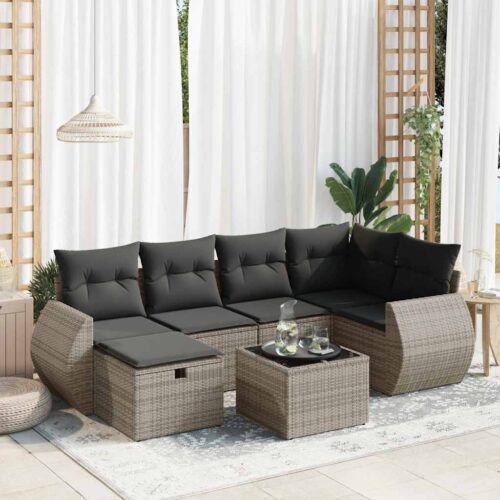 7-Piece Garden Sofa Set with Cushions Grey Poly Rattan - Image 2