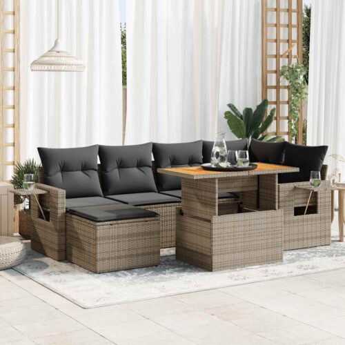 7-Piece Garden Sofa Set with Cushions Grey Poly Rattan - Image 2