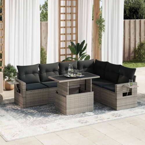 7-Piece Garden Sofa Set with Cushions Grey Poly Rattan - Image 2