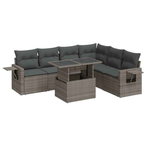 7-Piece Garden Sofa Set with Cushions Grey Poly Rattan - Image 13