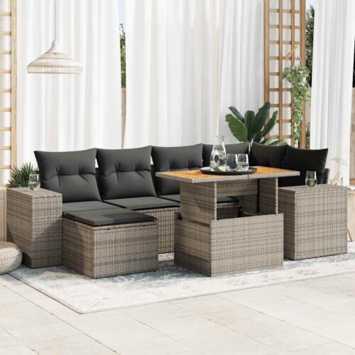7-Piece Garden Sofa Set with Cushions Grey Poly Rattan - Image 2