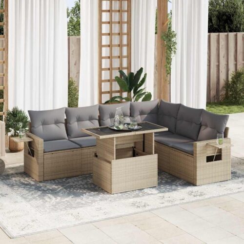 7-Piece Garden Sofa Set with Cushions Beige Poly Rattan - Image 2