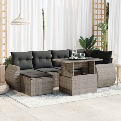 7-Piece Garden Sofa Set with Cushions Grey Poly Rattan - Image 2