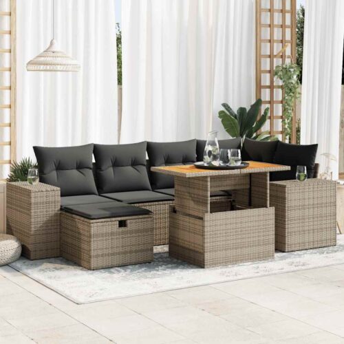 8-Piece Garden Sofa Set with Cushions Grey Poly Rattan Acacia - Image 2