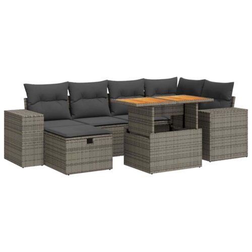 8-Piece Garden Sofa Set with Cushions Grey Poly Rattan Acacia - Image 13
