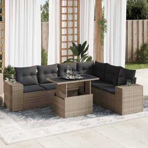 7-Piece Garden Sofa Set with Cushions Grey Poly Rattan - Image 2
