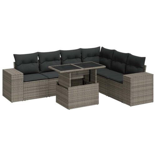 7-Piece Garden Sofa Set with Cushions Grey Poly Rattan - Image 13