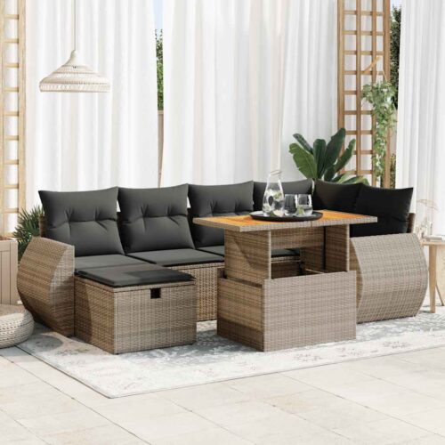 8-Piece Garden Sofa Set with Cushions Grey Poly Rattan Acacia - Image 2