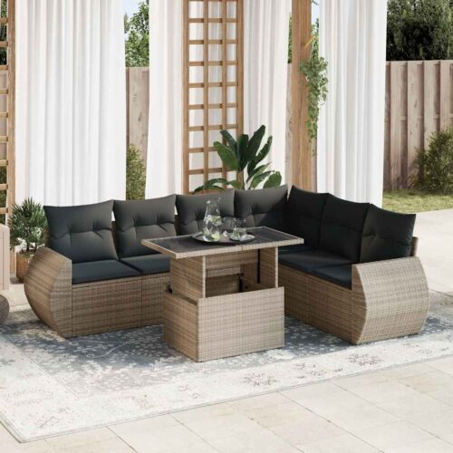7-Piece Garden Sofa Set with Cushions Grey Poly Rattan - Image 2