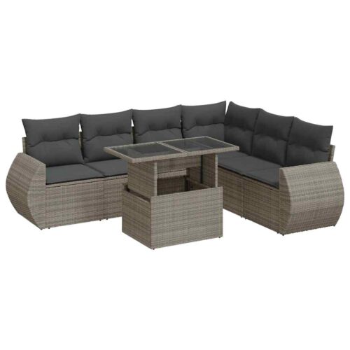 7-Piece Garden Sofa Set with Cushions Grey Poly Rattan - Image 13