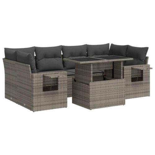 7-Piece Garden Sofa Set with Cushions Grey Poly Rattan
