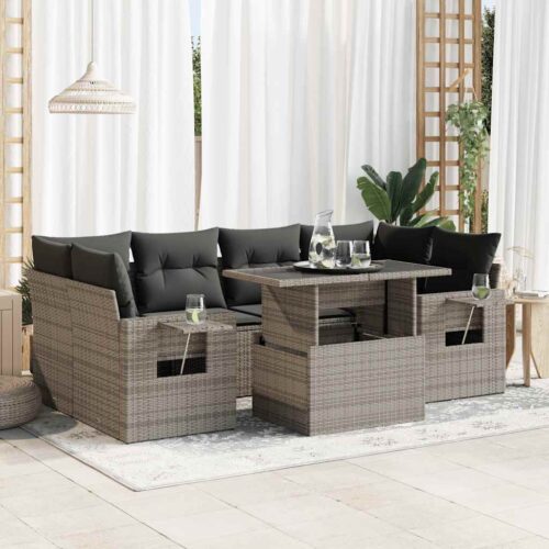 7-Piece Garden Sofa Set with Cushions Grey Poly Rattan - Image 2