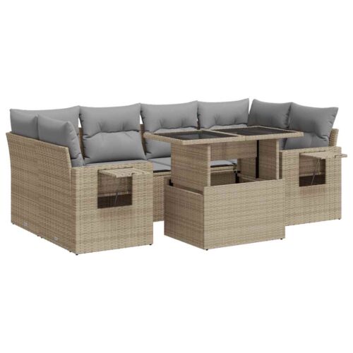 7-Piece Garden Sofa Set with Cushions Beige Poly Rattan