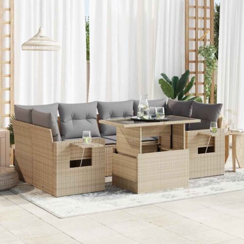 7-Piece Garden Sofa Set with Cushions Beige Poly Rattan - Image 2