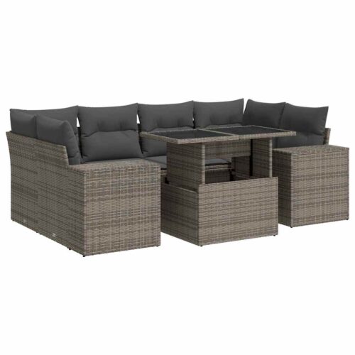 7-Piece Garden Sofa Set with Cushions Grey Poly Rattan