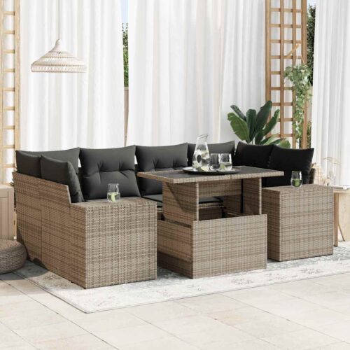 7-Piece Garden Sofa Set with Cushions Grey Poly Rattan - Image 2