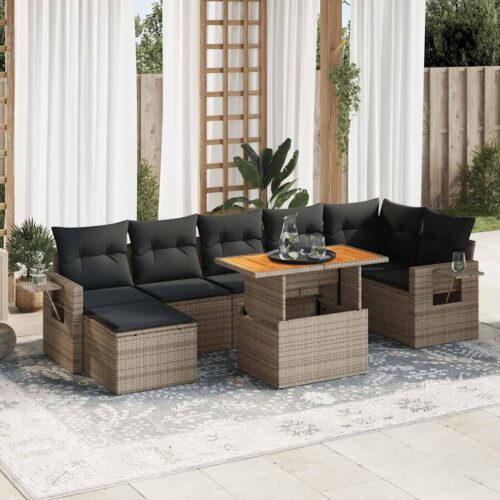 8-Piece Garden Sofa Set with Cushions Grey Poly Rattan - Image 2