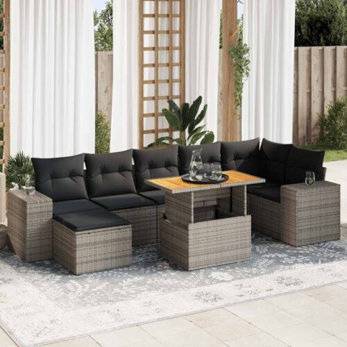 8-Piece Garden Sofa Set with Cushions Grey Poly Rattan - Image 2