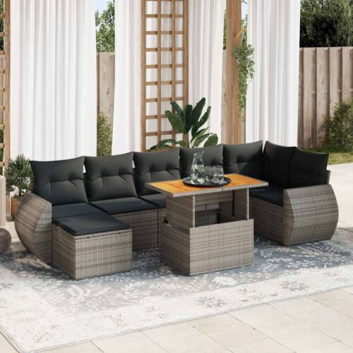 8-Piece Garden Sofa Set with Cushions Grey Poly Rattan - Image 2