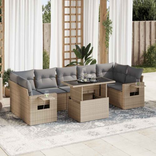 8-Piece Garden Sofa Set with Cushions Beige Poly Rattan - Image 2