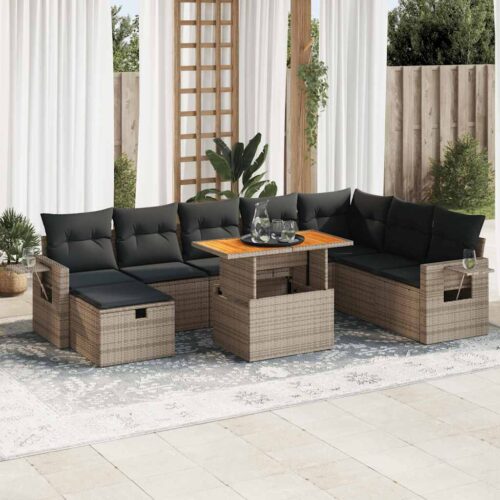 9-Piece Garden Sofa Set with Cushions Grey Poly Rattan Acacia - Image 2