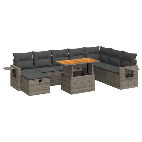 9-Piece Garden Sofa Set with Cushions Grey Poly Rattan Acacia - Image 13