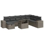 9-Piece Garden Sofa Set with Cushions Grey Poly Rattan