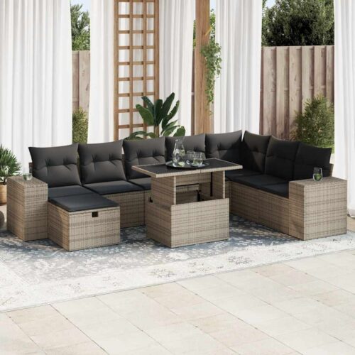 9-Piece Garden Sofa Set with Cushions Grey Poly Rattan - Image 2