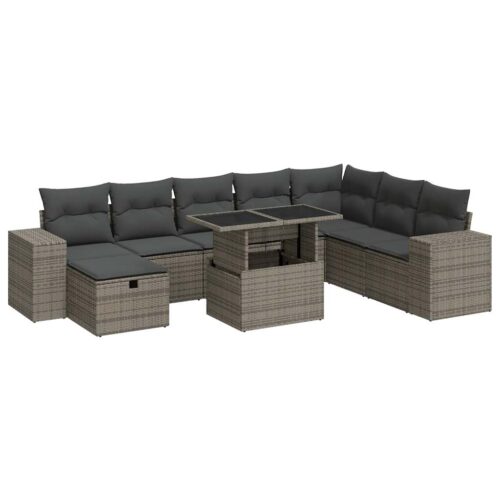 9-Piece Garden Sofa Set with Cushions Grey Poly Rattan - Image 13
