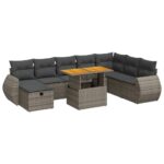 9-Piece Garden Sofa Set with Cushions Grey Poly Rattan Acacia