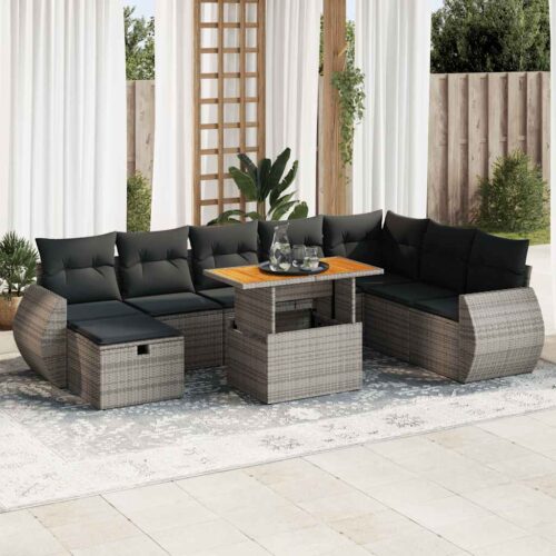 9-Piece Garden Sofa Set with Cushions Grey Poly Rattan Acacia - Image 2
