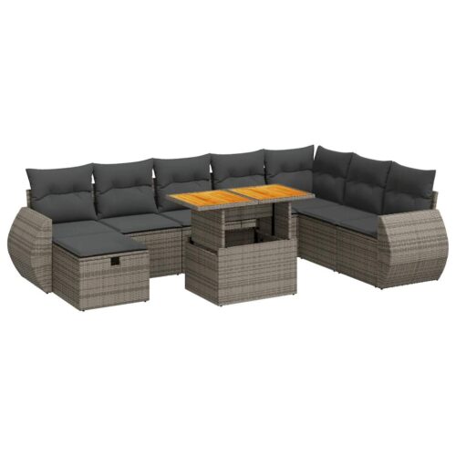 9-Piece Garden Sofa Set with Cushions Grey Poly Rattan Acacia - Image 13