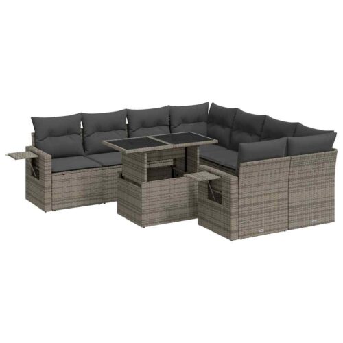 9-Piece Garden Sofa Set with Cushions Grey Poly Rattan
