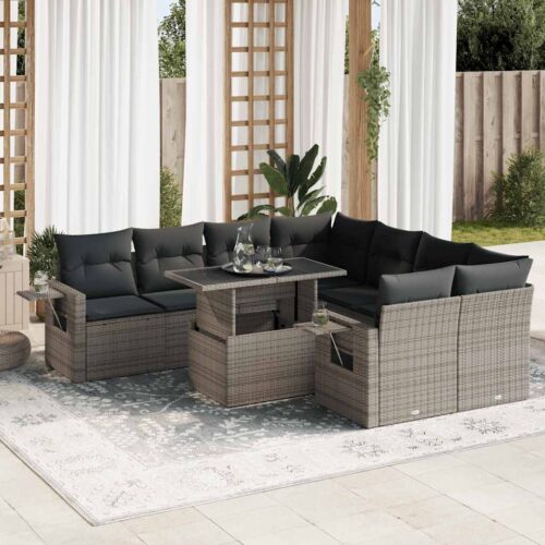 9-Piece Garden Sofa Set with Cushions Grey Poly Rattan - Image 2