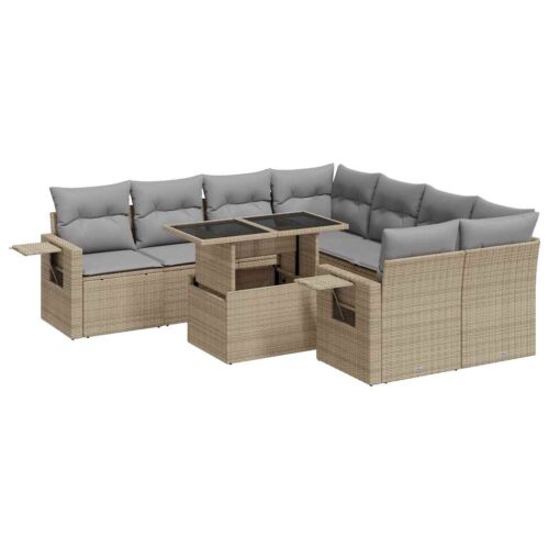 9-Piece Garden Sofa Set with Cushions Beige Poly Rattan