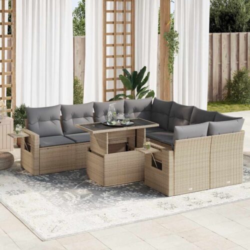 9-Piece Garden Sofa Set with Cushions Beige Poly Rattan - Image 2
