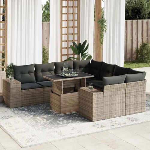 9-Piece Garden Sofa Set with Cushions Grey Poly Rattan - Image 2