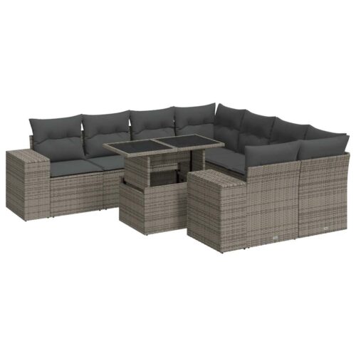 9-Piece Garden Sofa Set with Cushions Grey Poly Rattan - Image 13