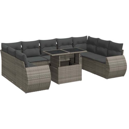 10-Piece Garden Sofa Set with Cushions Grey Poly Rattan