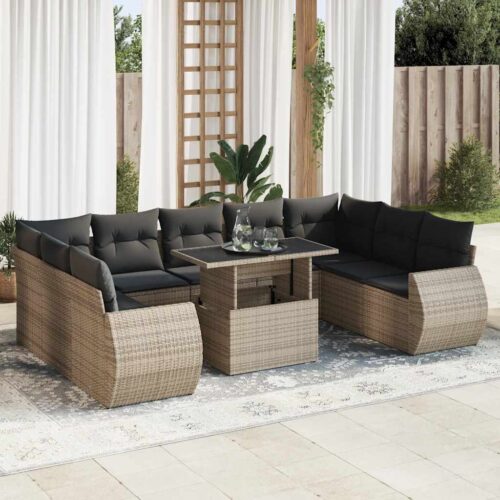 10-Piece Garden Sofa Set with Cushions Grey Poly Rattan - Image 2