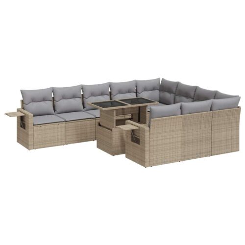 11-Piece Garden Sofa Set with Cushions Beige Poly Rattan