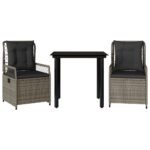 3-Piece Garden Dining Set with Cushions Grey Poly Rattan