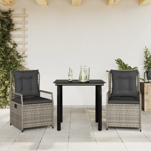 3-Piece Garden Dining Set with Cushions Grey Poly Rattan - Image 2
