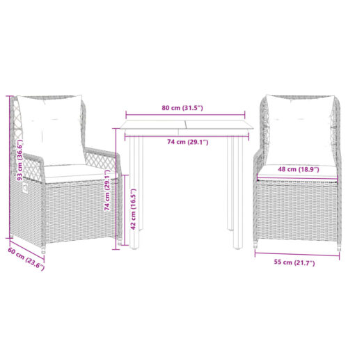 3-Piece Garden Dining Set with Cushions Grey Poly Rattan - Image 8