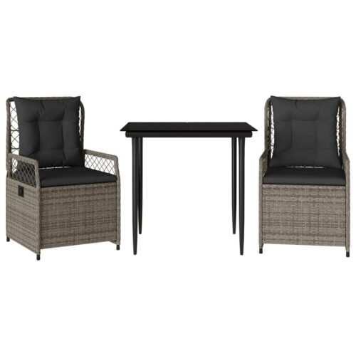 3-Piece Garden Dining Set with Cushions Grey Poly Rattan
