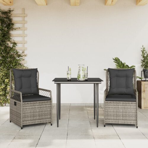 3-Piece Garden Dining Set with Cushions Grey Poly Rattan - Image 2