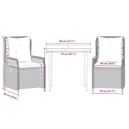 3-Piece Garden Dining Set with Cushions Grey Poly Rattan - Image 8